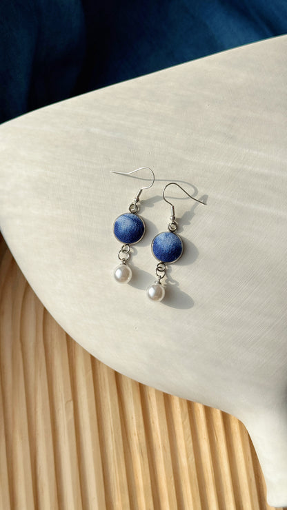 Indigo Fabric Earrings - Pearl