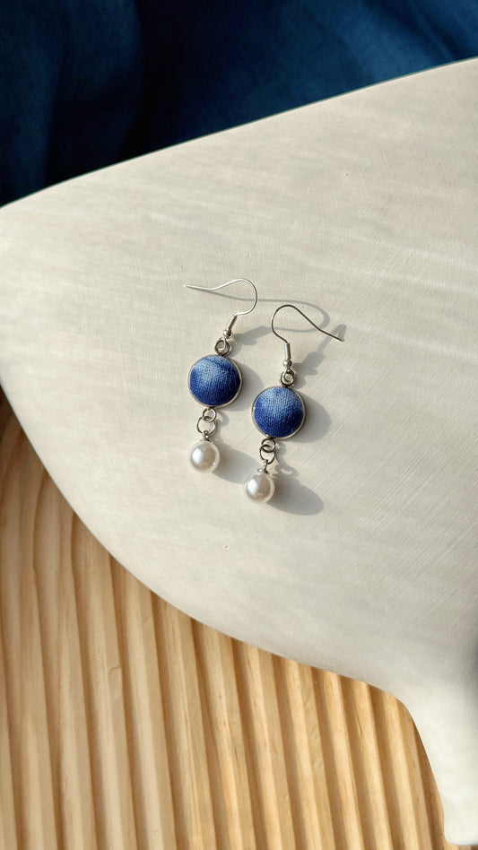 Indigo Fabric Earrings - Pearl