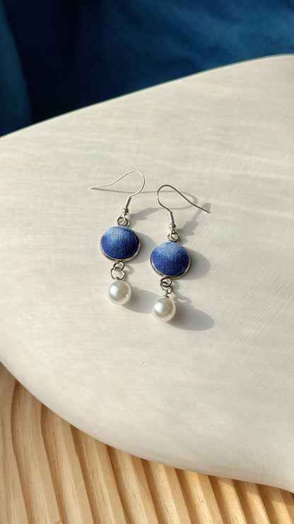 Indigo Fabric Earrings - Pearl