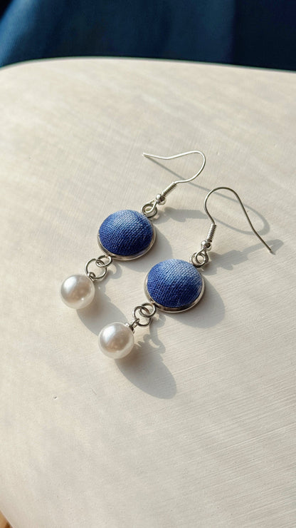 Indigo Fabric Earrings - Pearl